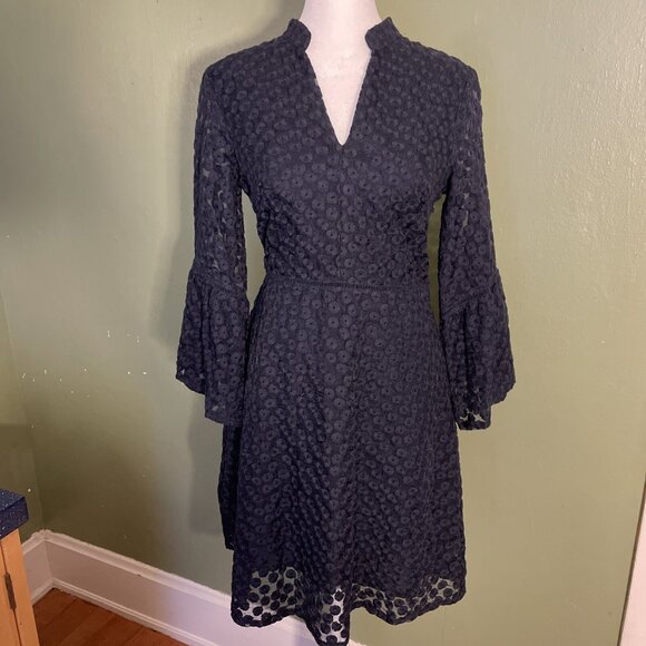 Banana Republic Embroidered Dress Blue Sheer Flare Sleeve Sz 0 Eyelet V Neck - Picture 1 of 11